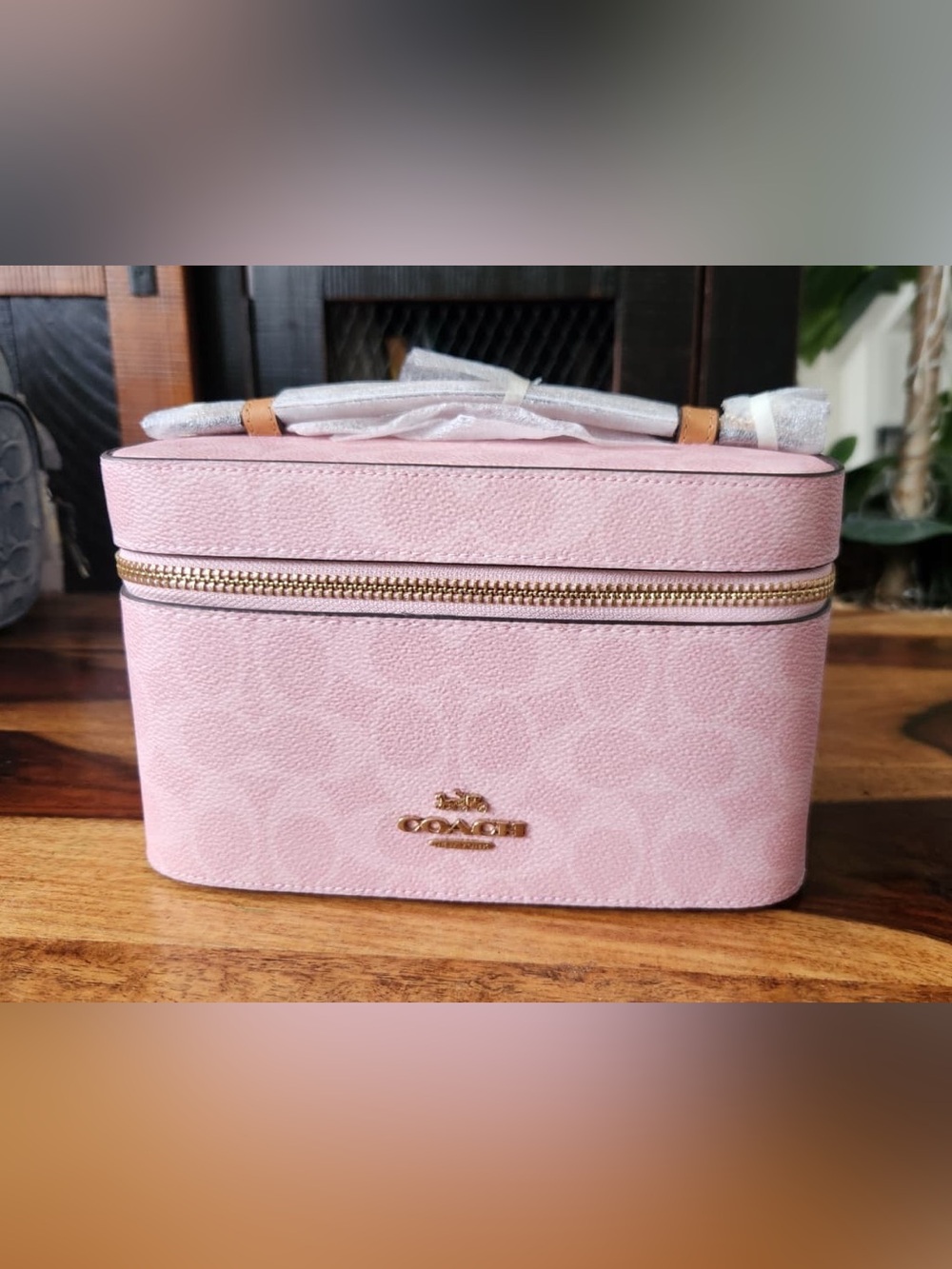 Coach Powder Pink Signature Canvas Cosmetic Case with Gold Hardware